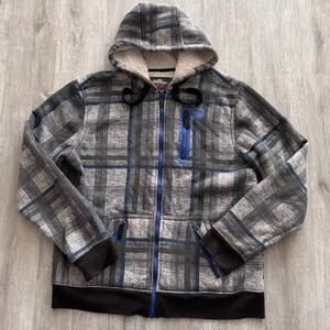 Y2K No Fear Mens Large Sherpa Lined Plaid Full Zip Hoodie Jacket